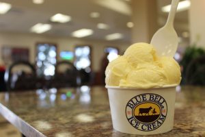 Blue Bell ice cream in a cup with spoon.