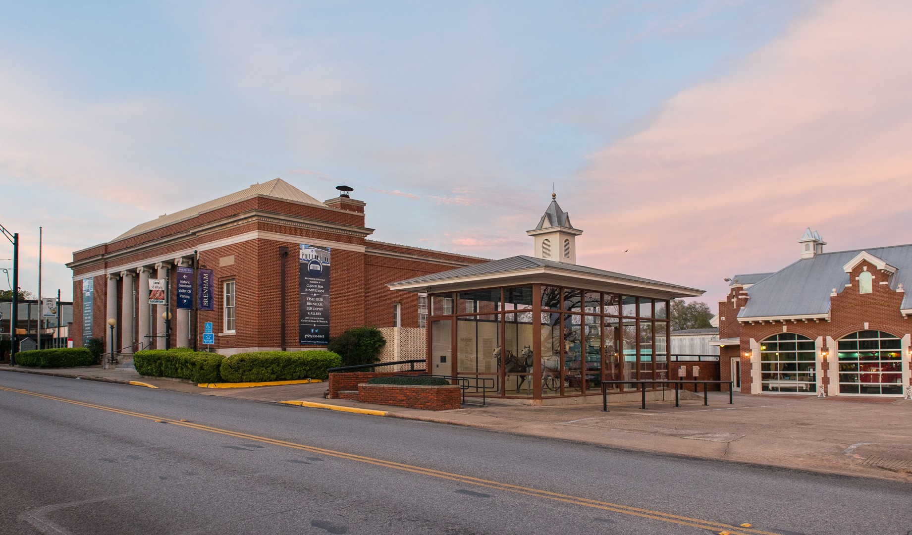 Brenham Fire Museum and Brenham Heritage Museum at sunset