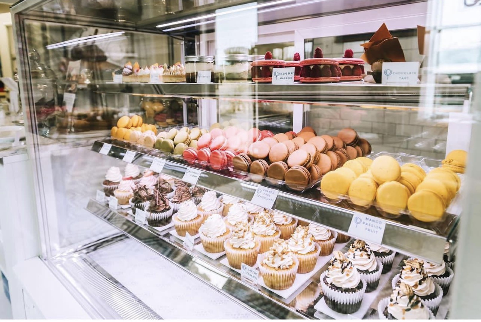 pastry display case at Thomas Craft Confections including tarts, cupcakes, and macarons