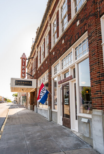 Exterior of the Brenham & Washington County Visitor Center and Barnhill Center in historic downtown Brenham, Texas.